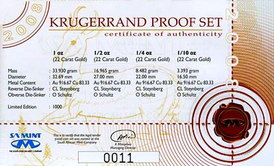 2008 South African Proof Krugerrand 4 Coin Set Certificate