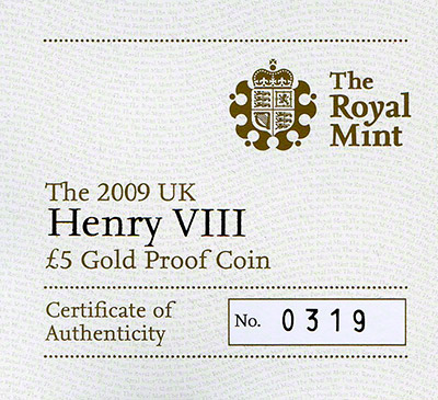 2009 Henry VIII 500th Anniversary Gold Five Pounds Crown certificate of Authenticity