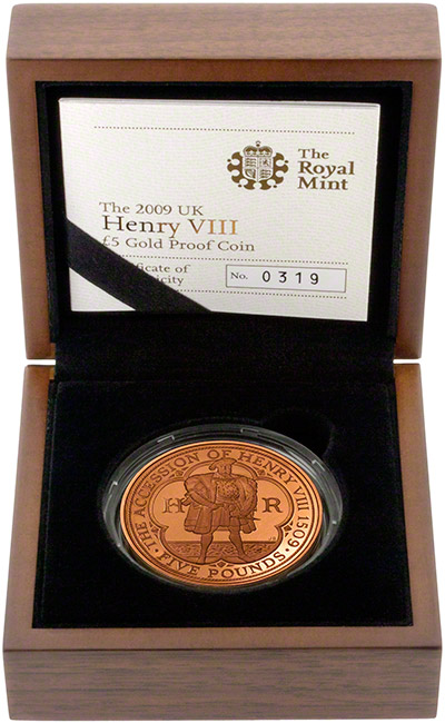 2009 Henry VIII 500th Anniversary Gold Five Pounds Crown in Presentation Box