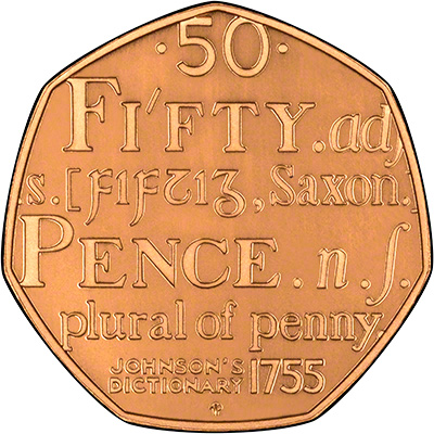 Reverse of 2005 Johnson's Dictionary Gold Proof Fifty Pence