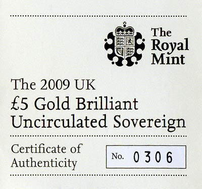 2009 Brilliant Uncirculated Five Pound Gold Coin Certfificate