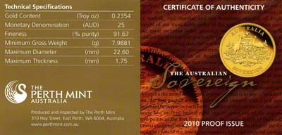 2010 Australian Proof Gold Sovereign Certificate
