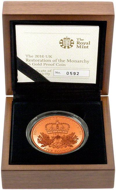 Reverse of 2010 Restoration of the Monarchy Gold Proof Five Pounds Crown