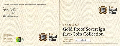 2010 Gold Sovereign 5 Coin Proof Set Certificate