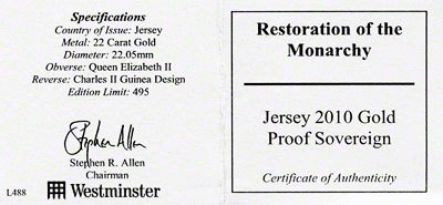 2010 Jersey Proof Gold Sovereign Certificate
