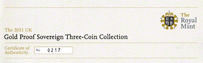 2011 Gold Proof Premium Three Coin Set Certificate
