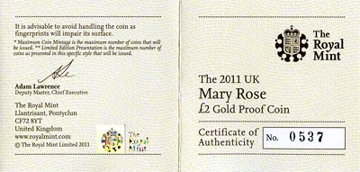 2011 Mary Rose Gold Proof Two Pound Certificate