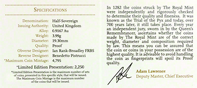 Reverse of 2013 Gold Proof Half Sovereign Certificate