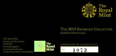 Obverse of 2014 Gold Proof Sovereign Certificate