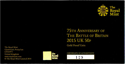 2015 75th Anniversary of the Battle of Britain  Gold Proof Fifty Pence Certificate Obverse