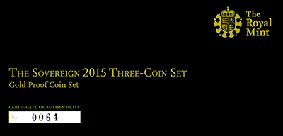 2015 Standard Three Coin Gold Proof Sovereign Set Certificate Obverse