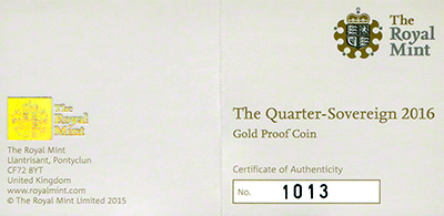 2016 Gold Proof Quarter Sovereign Certificate Obverse